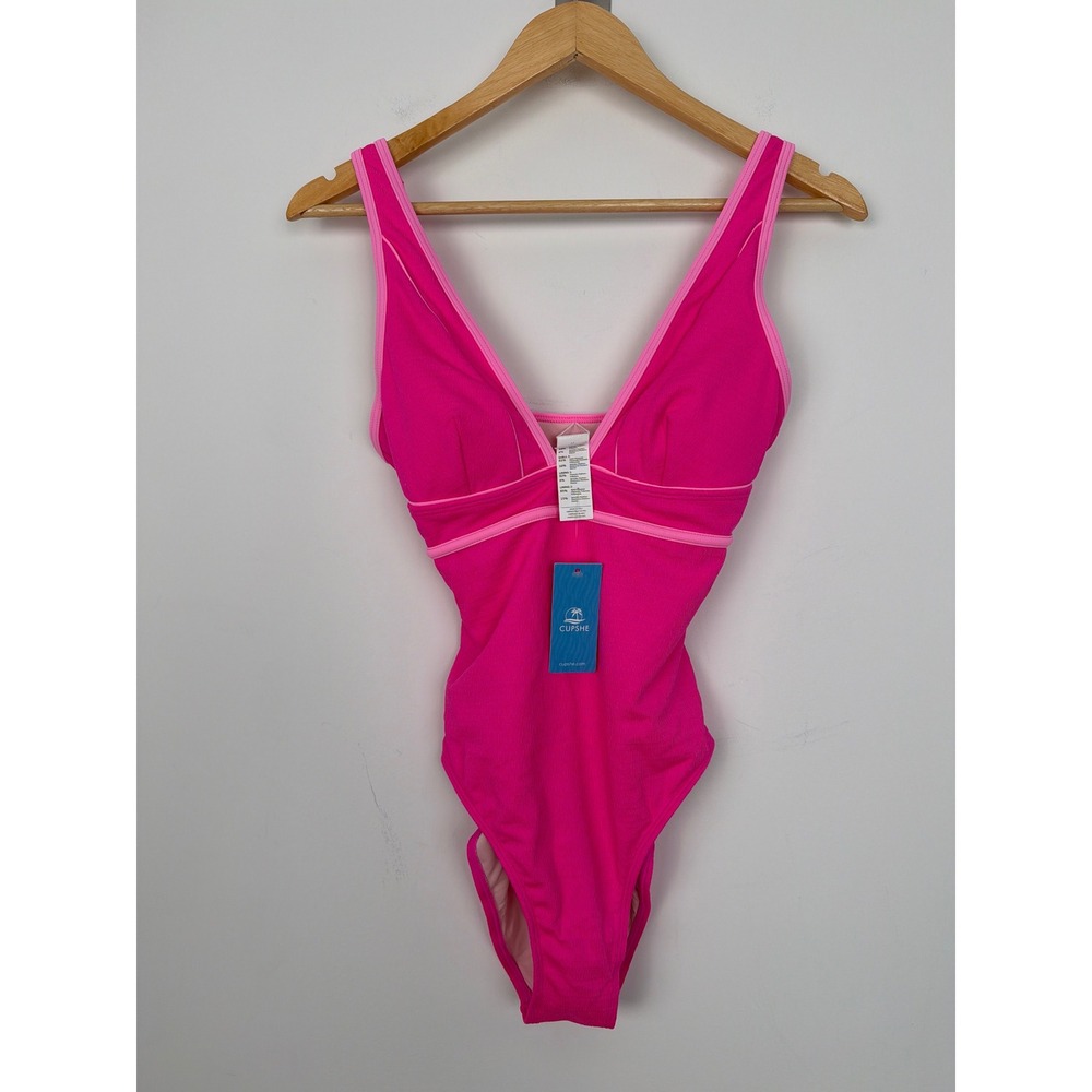 NWT Cupshe One Piece Swimsuit M Pink Ribbed V-Neck Adjustable Straps Barbiecore